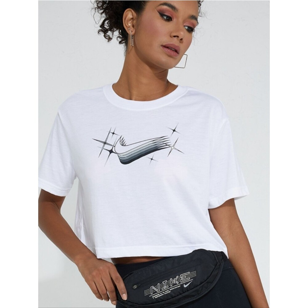 Nike White Cropped Graphic Tee with Metallic Sparkle Swoosh